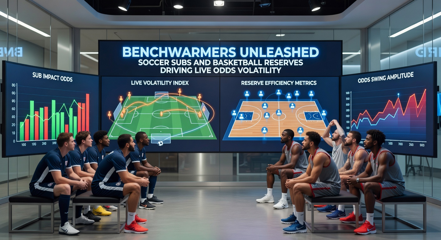 Basketball reserve player igniting a bench run, crowd roaring as odds screens flicker with rapid changes
