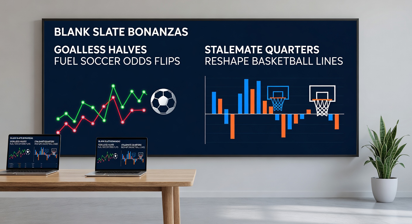 Soccer players locked in a tense goalless first half, with overlaid betting odds shifting dramatically on a digital display