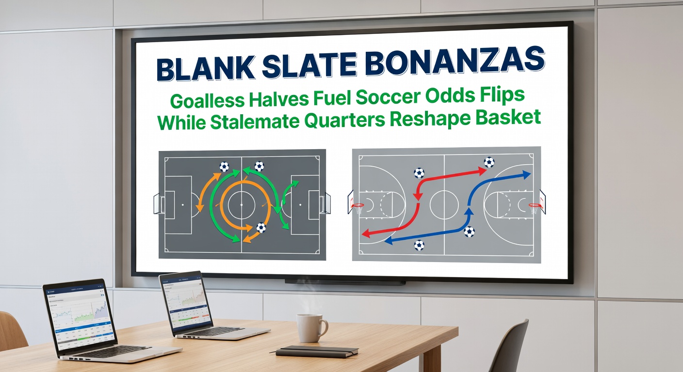 Basketball court during a low-scoring quarter, showing tight defense and fluctuating betting lines on screens