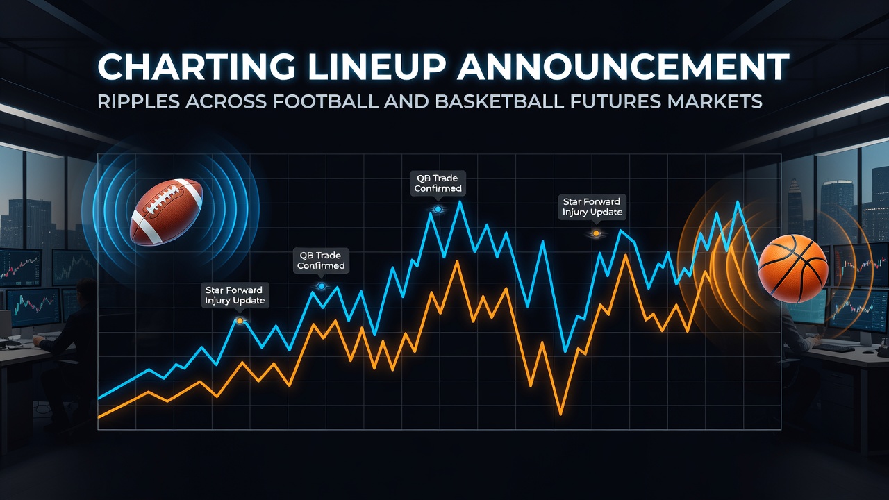 Lineup announcement board showing football and basketball team changes with futures odds display