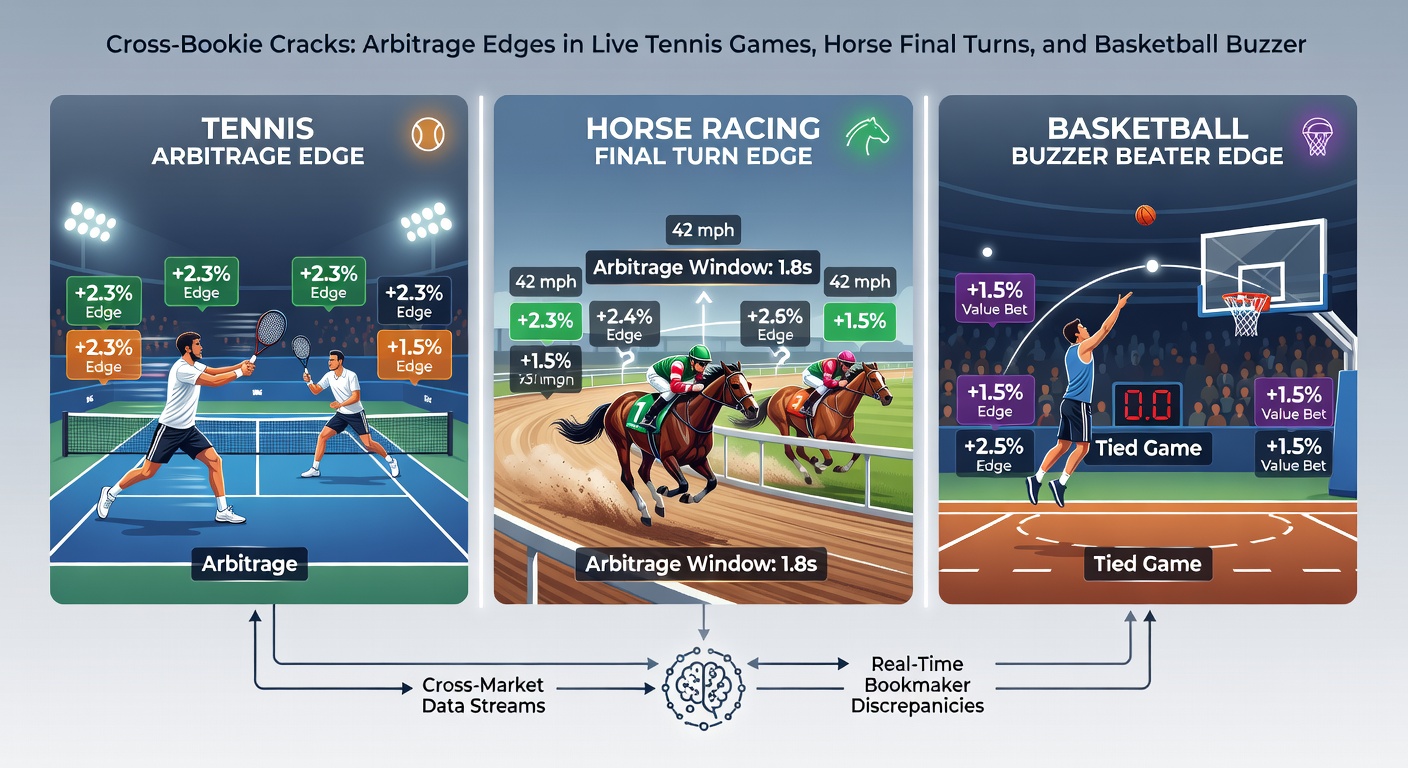 Horse racing field charging into the final turn, odds boards flickering with divergent bookmaker prices