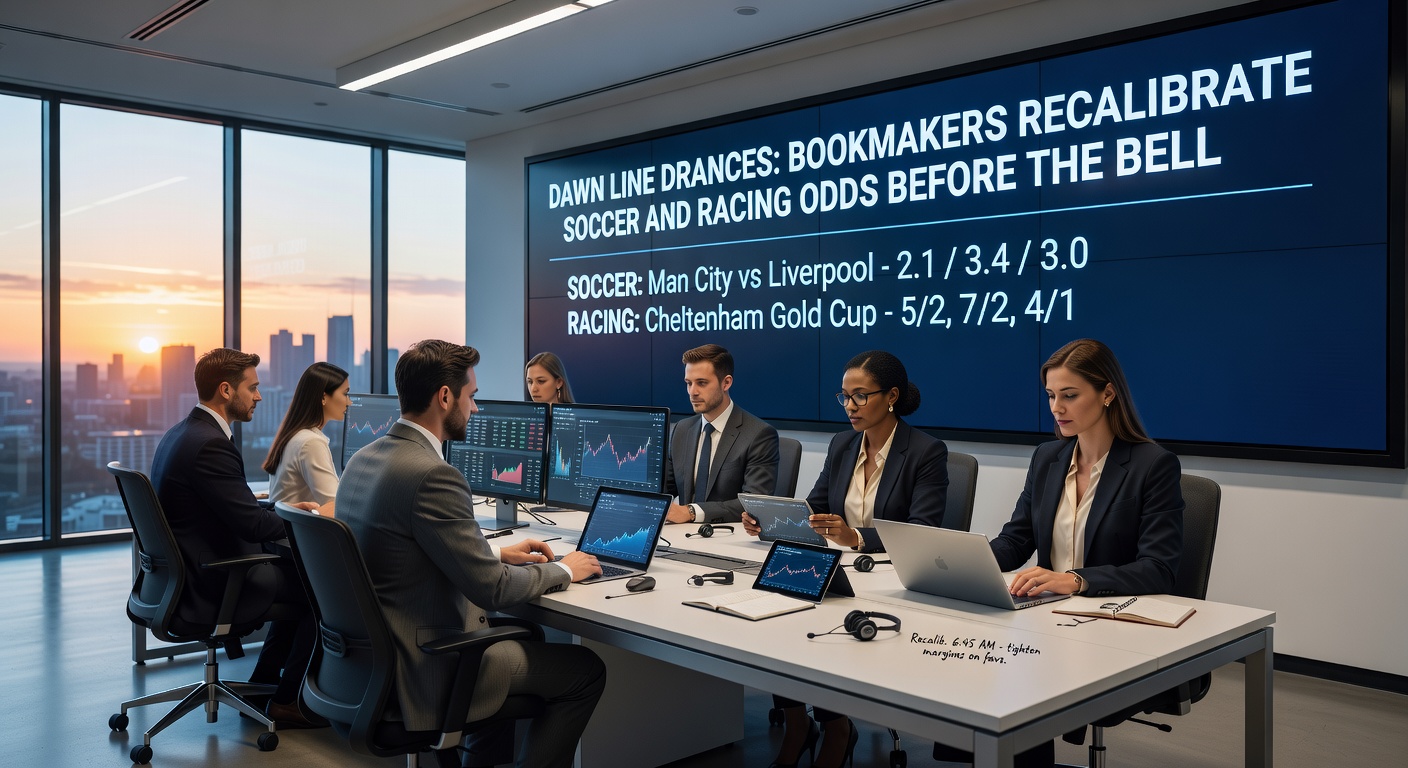 Bookmakers' screens showing rapid odds fluctuations in soccer and horse racing markets moments before kickoff and the bell