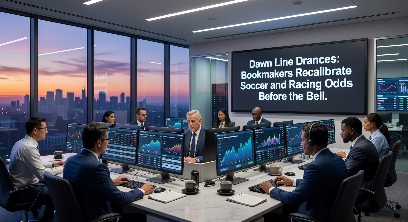 Close-up of a bookmaker trader adjusting odds on dual screens for an upcoming horse race and soccer match