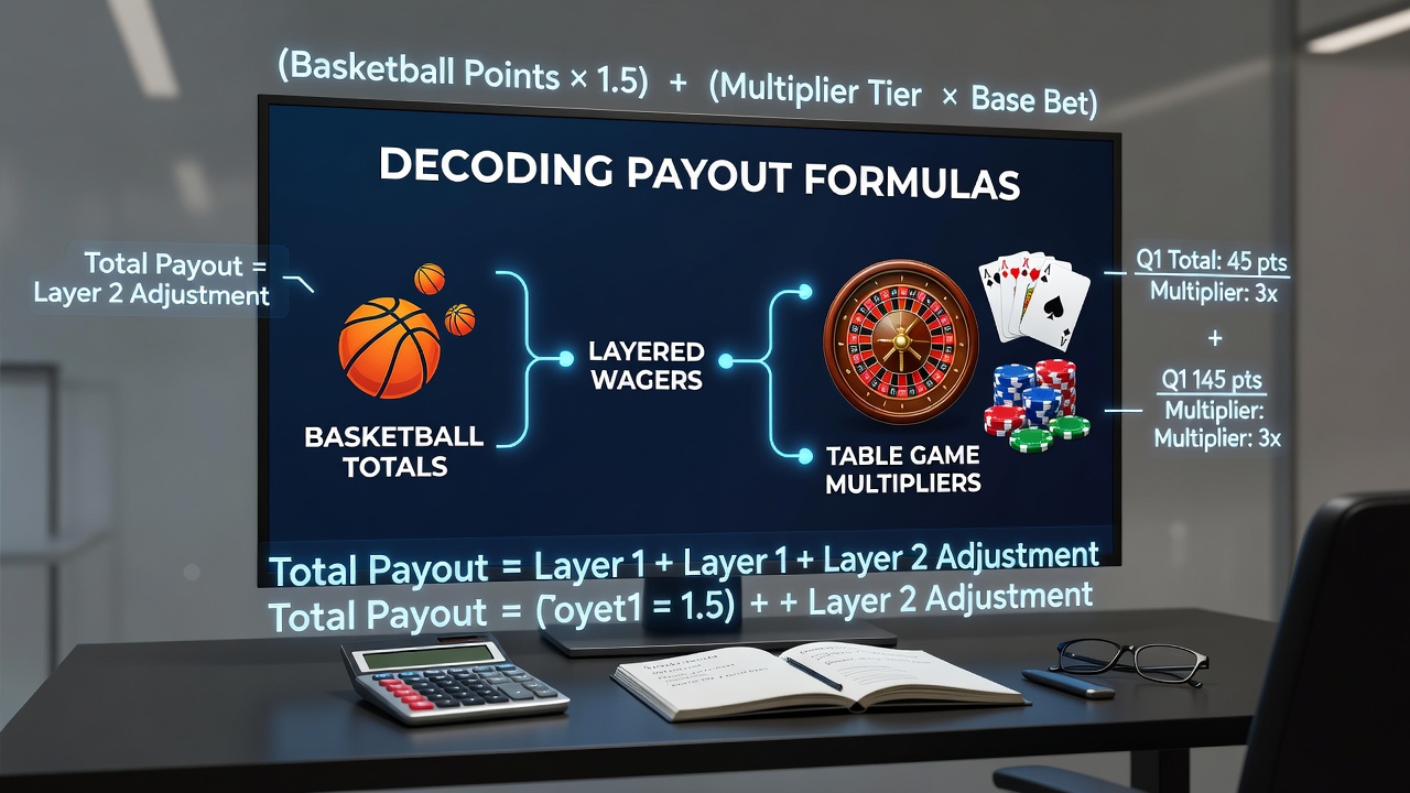 Illustration of layered betting formulas linking basketball point totals to casino multiplier structures