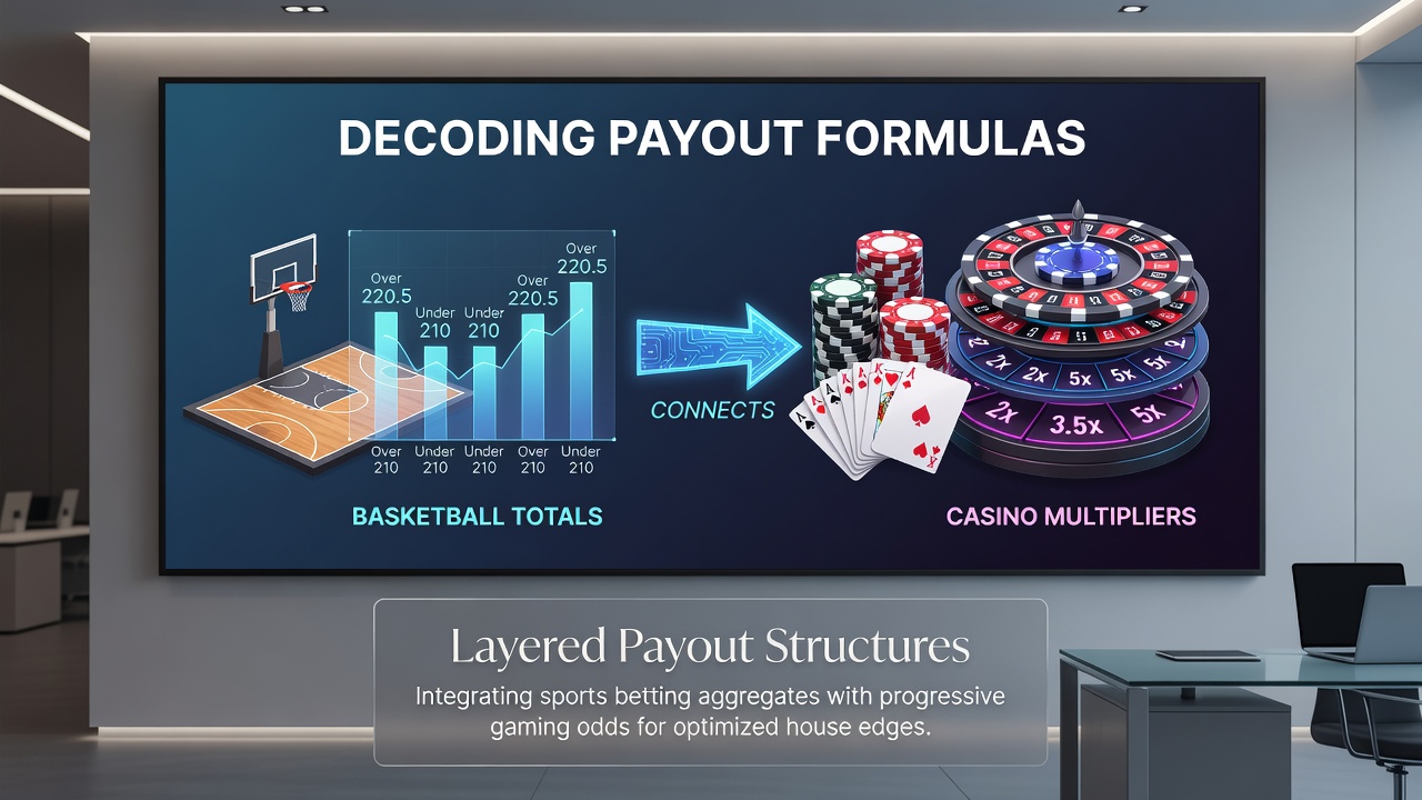 Diagram showing step-by-step payout calculation for basketball totals combined with table game multipliers