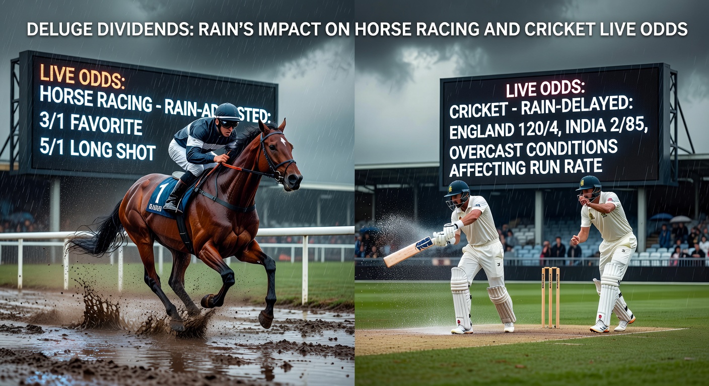 A rain-soaked horse racing track with jockeys navigating muddy conditions during a downpour, highlighting the dramatic shift in live odds as weather impacts performance