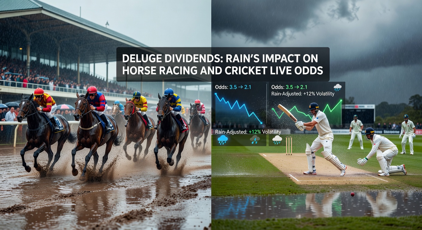 Cricketers battling under rainy skies on a glistening pitch, with odds boards in the background showing sharp live adjustments during a weather-disrupted T20 match