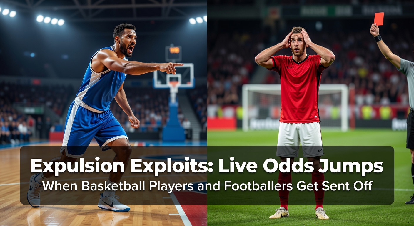 A tense moment on the soccer pitch as a referee raises a red card, with players reacting in shock while bookmakers' live odds screens flicker in the background