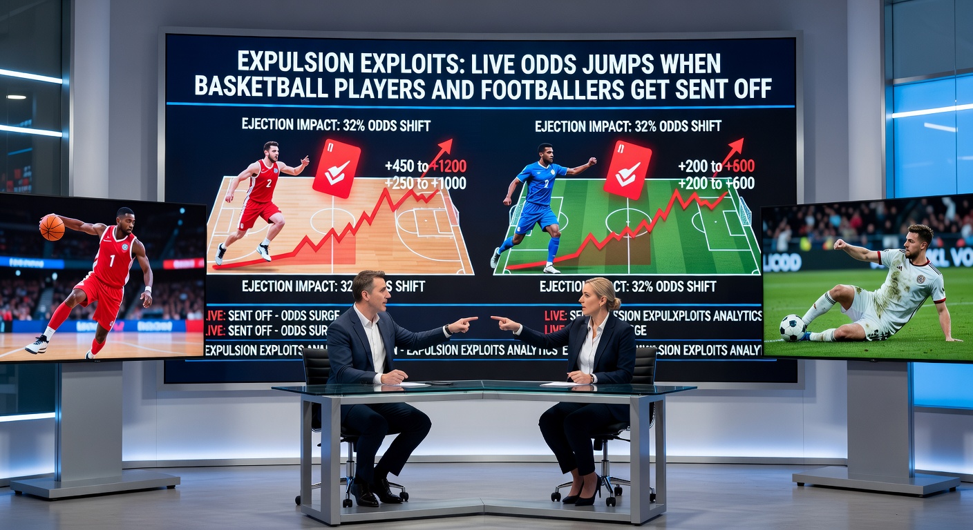 Basketball player arguing with referees during a heated NBA game, screen showing live odds spiking dramatically after an ejection call