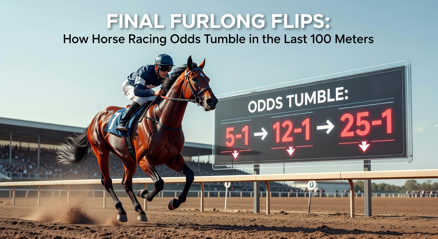 A thrilling horse race captured mid-action, with horses neck-and-neck charging down the final stretch, dust kicking up behind them as crowds roar in anticipation