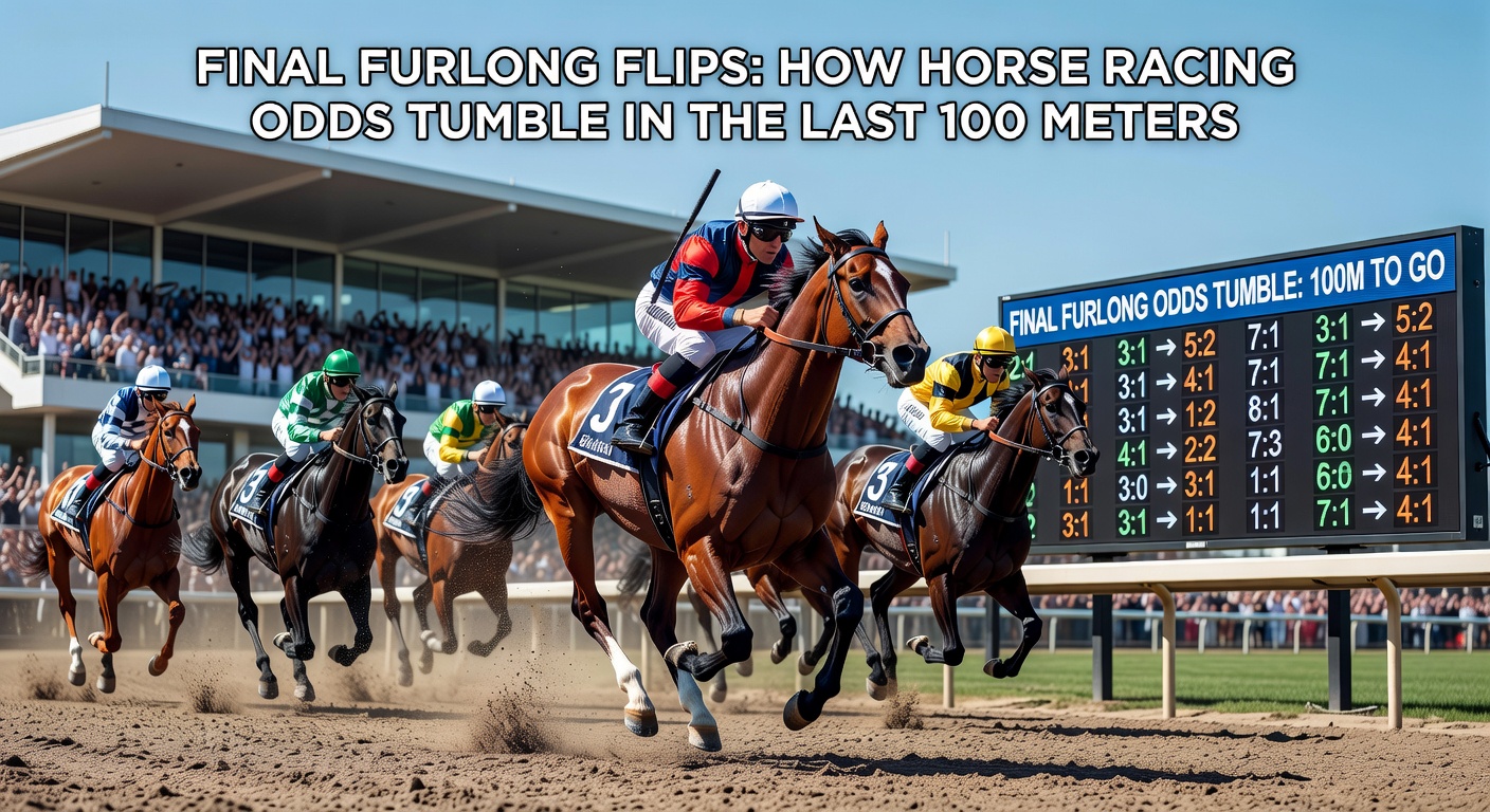 Close-up of a jockey urging his mount forward in the dying strides of a race, sweat flying, with odds overlay showing rapid changes from 8/1 to 2/1