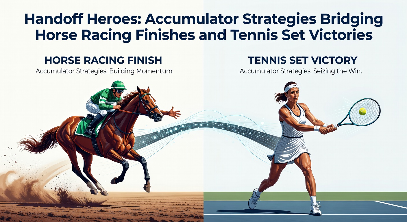 Horse racing finish line photo with overlaid tennis player celebrating a set win, symbolizing accumulator handoffs between sports
