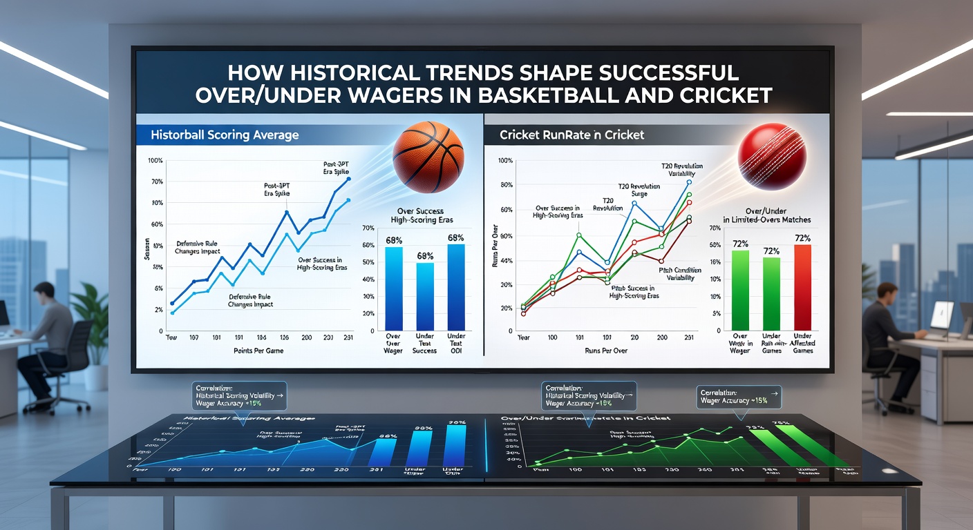 Infographic comparing over/under hit rates in historical NBA playoffs against Cricket World Cup finals, with overlaid trend lines from 2000-2026