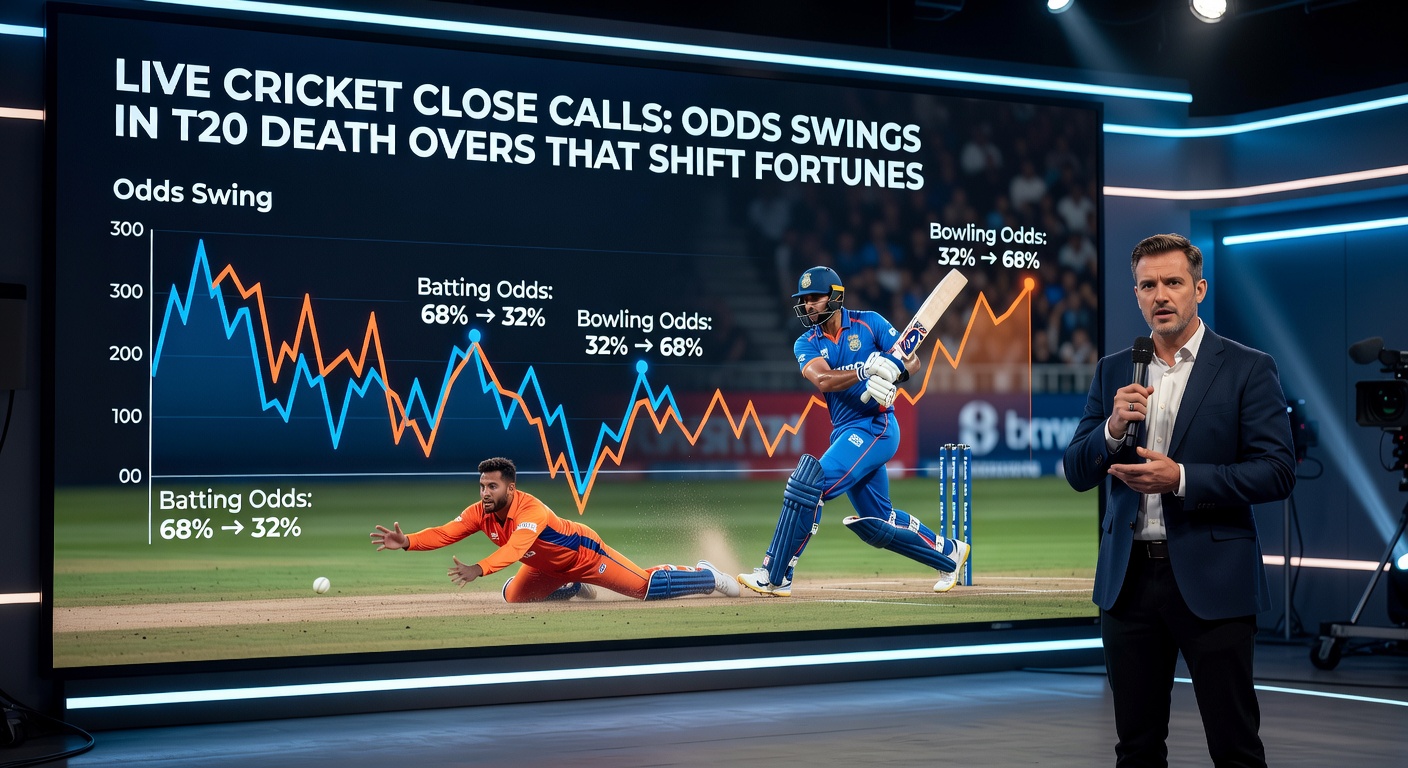 Close-up of a T20 umpire signaling a dramatic DRS decision in death overs, with live odds graphs spiking in the background