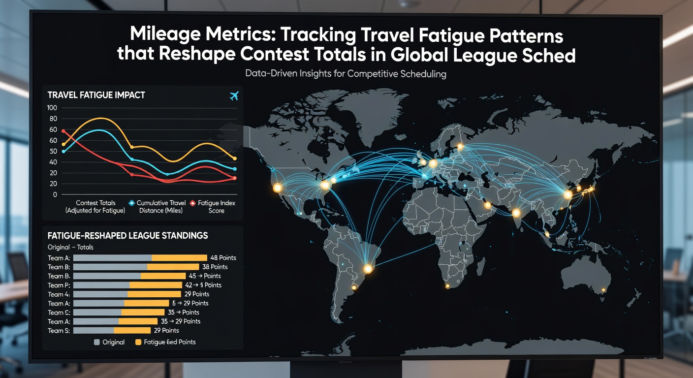 Detailed graphs and charts displaying travel mileage data alongside scoring trends in league competitions worldwide