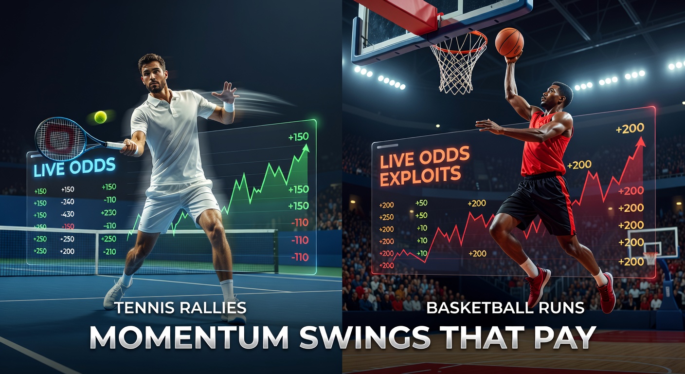 Basketball team on a scoring run, players celebrating as live odds shift dramatically on betting screens