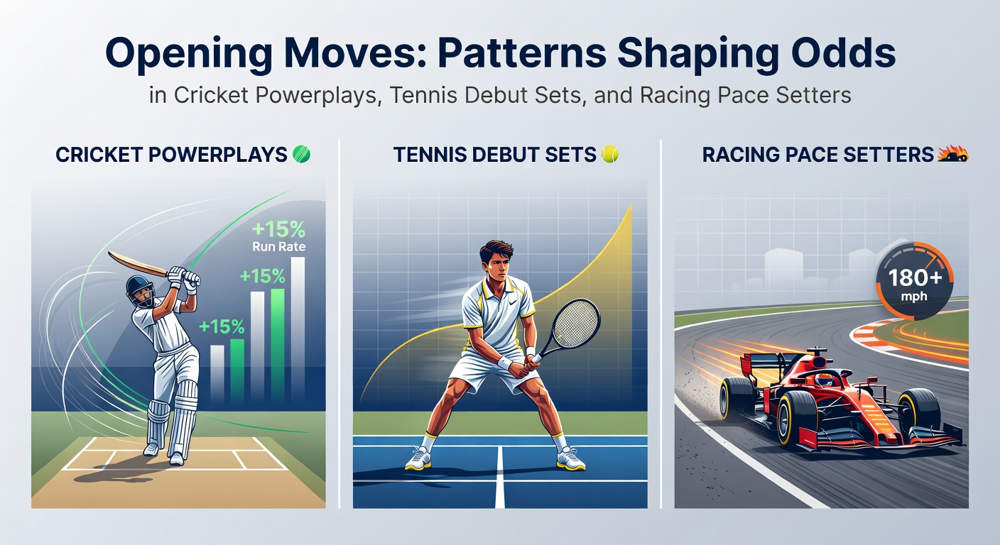 Cricket powerplay action with bowlers charging in, tennis players locked in a first-set rally, and horses thundering from the gate in a flat race
