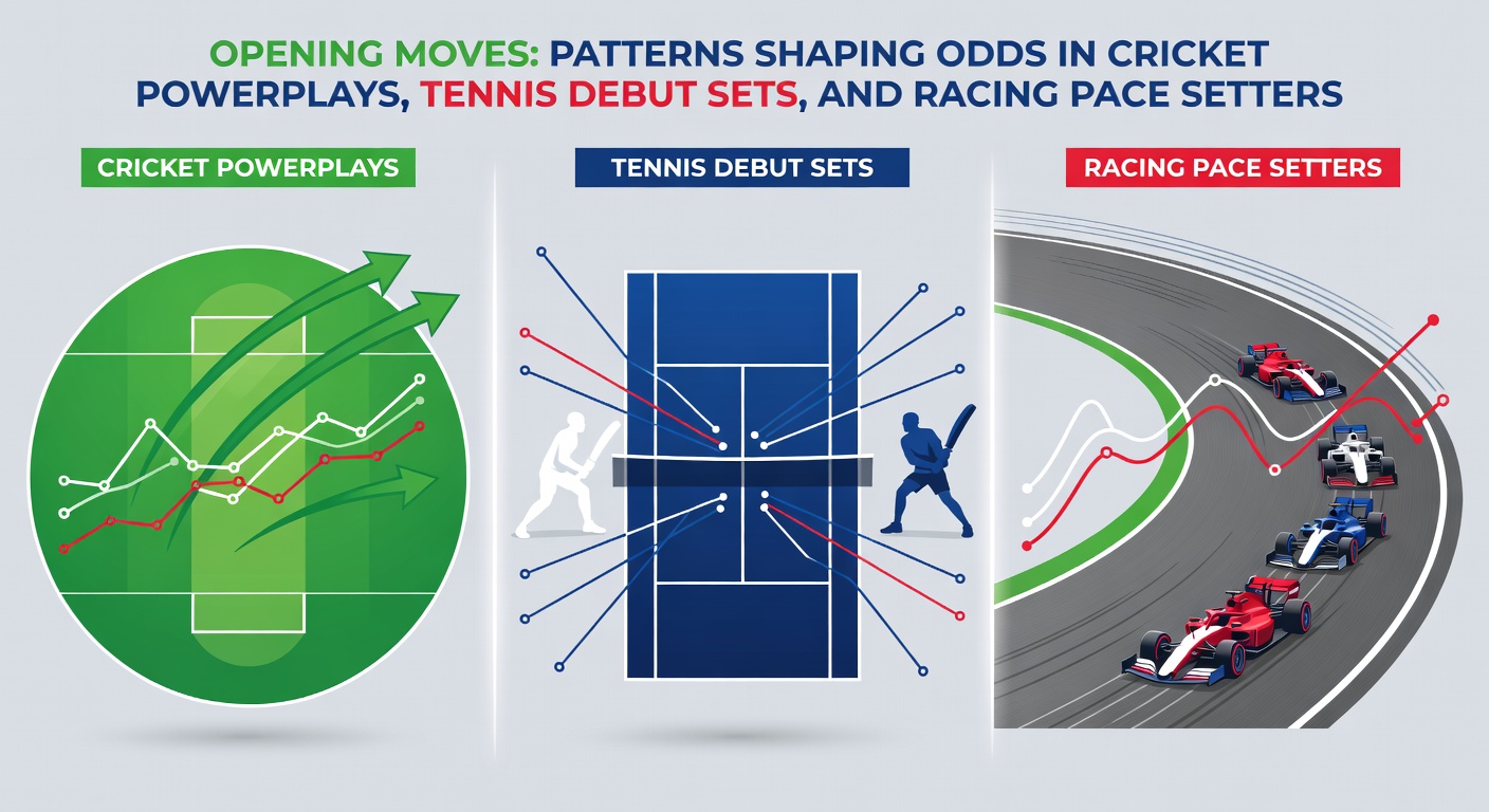 Tennis player serving intensely in the first set, overlaid with cricket scoreboard from a powerplay explosion and a pace-setting horse leading the pack