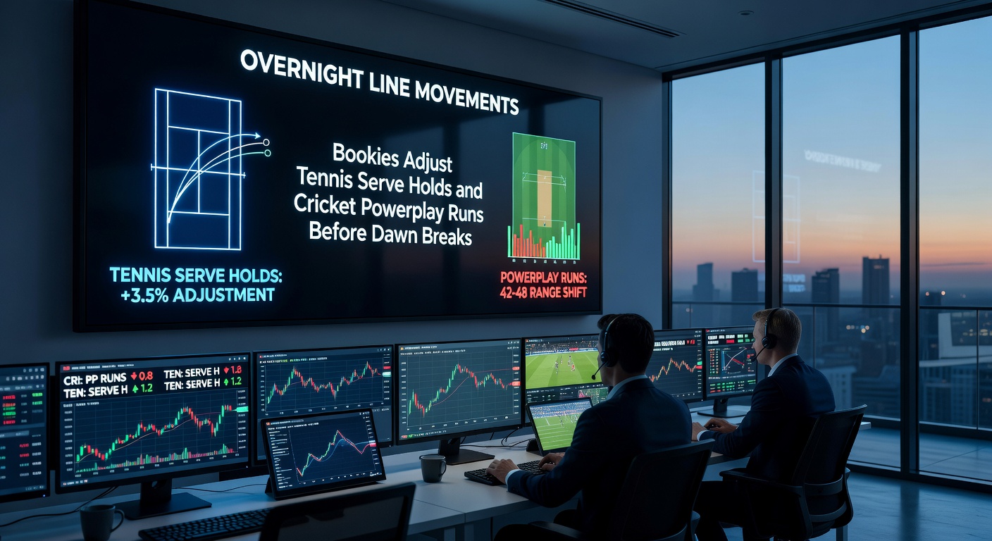 Graph showing overnight odds shifts in tennis serve hold percentages and cricket powerplay run totals, with lines moving sharply between midnight and 5 AM