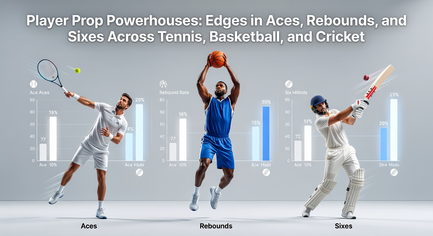 High-energy collage capturing a tennis ace serve, a fierce basketball rebound battle, and a towering cricket six clearing the boundary