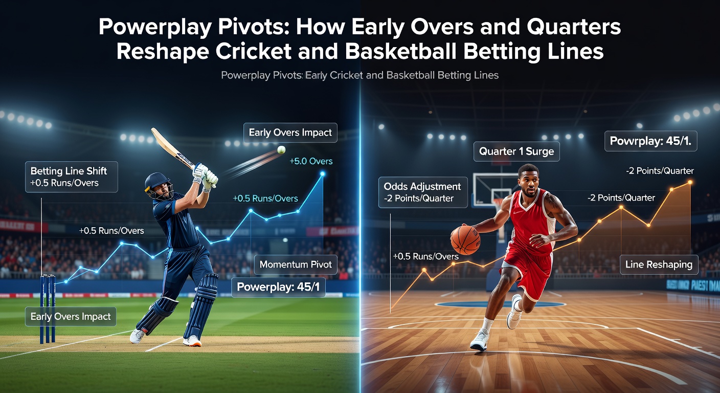 Dynamic cricket powerplay scene showing batsmen charging down the pitch while fielders position under restrictions, capturing the high-stakes early overs action