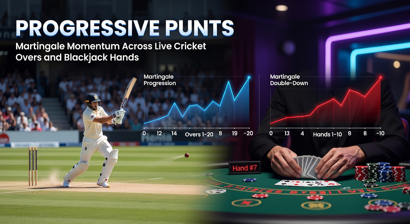 Dynamic chart showing Martingale progression in cricket over bets and blackjack sequences, with rising stakes and momentum lines