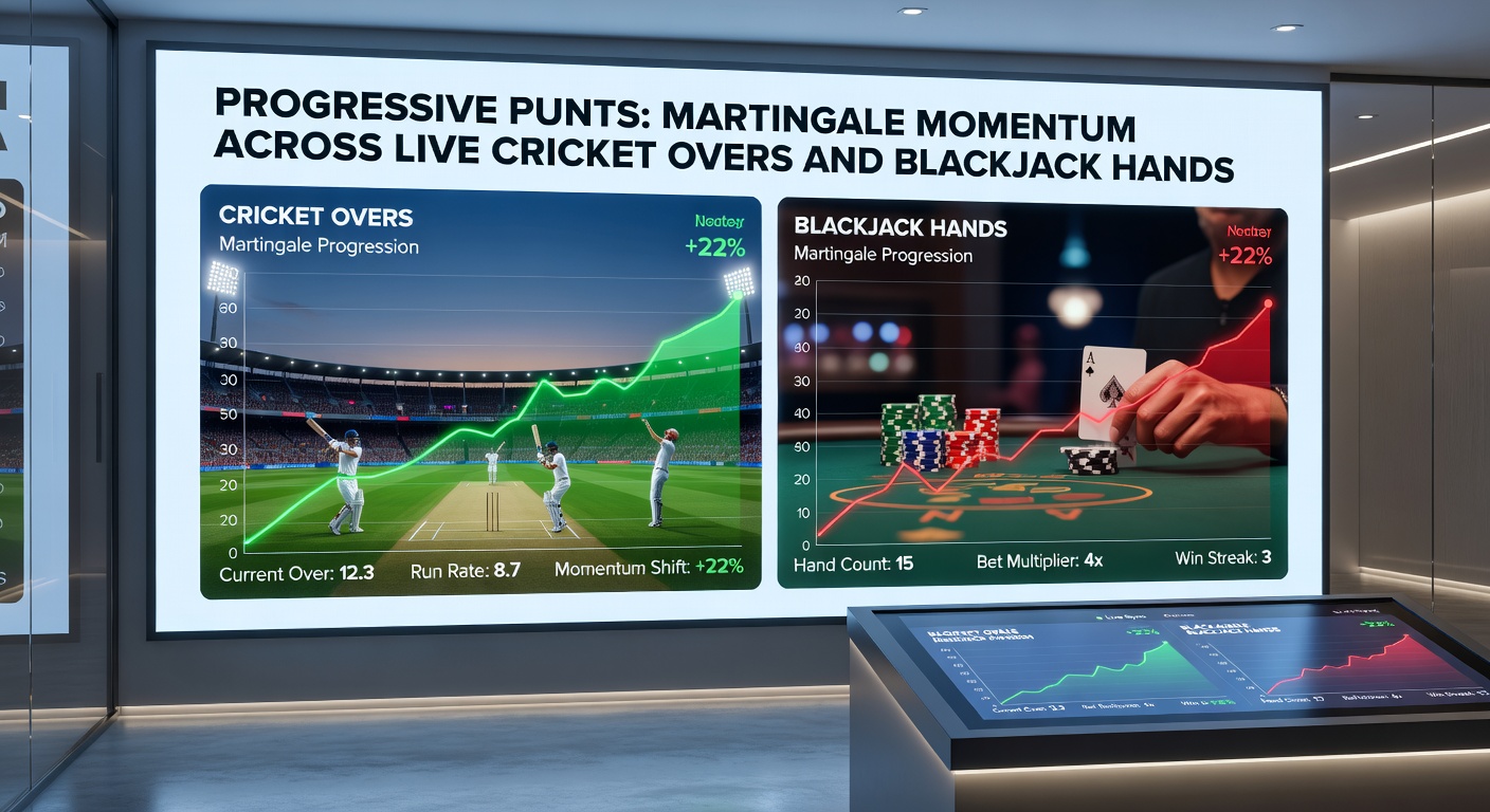 Split-screen visualization of a cricket over progression alongside blackjack hand stacks, illustrating stake doubling and momentum curves