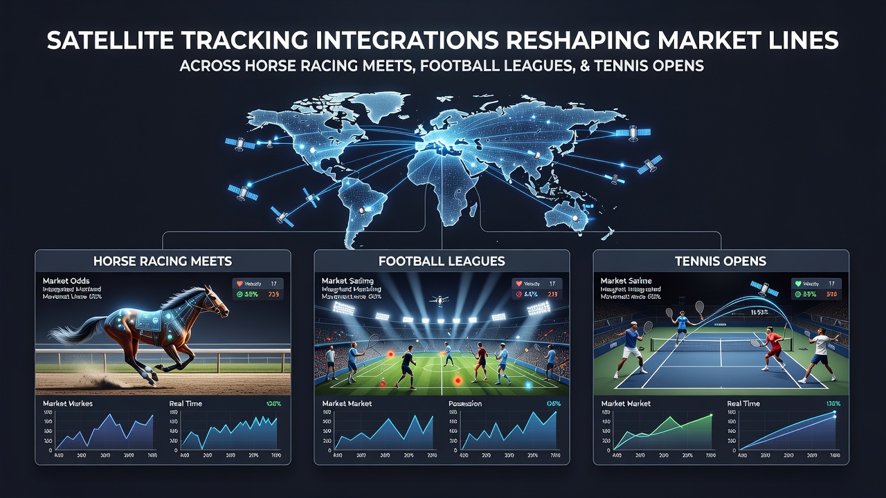 Satellite tracking devices integrated into horse racing equipment and sports venues showing real-time data feeds