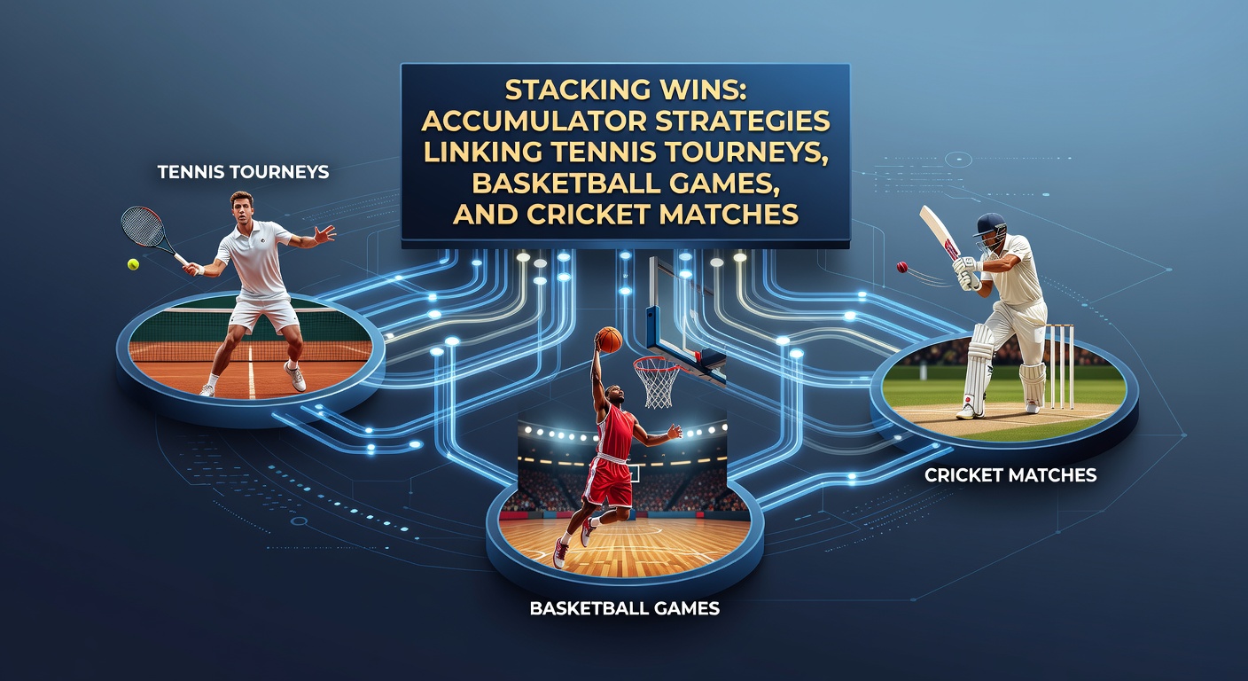 Graphic showing interconnected accumulator bets across tennis courts, basketball arenas, and cricket pitches, with rising odds lines linking multiple events