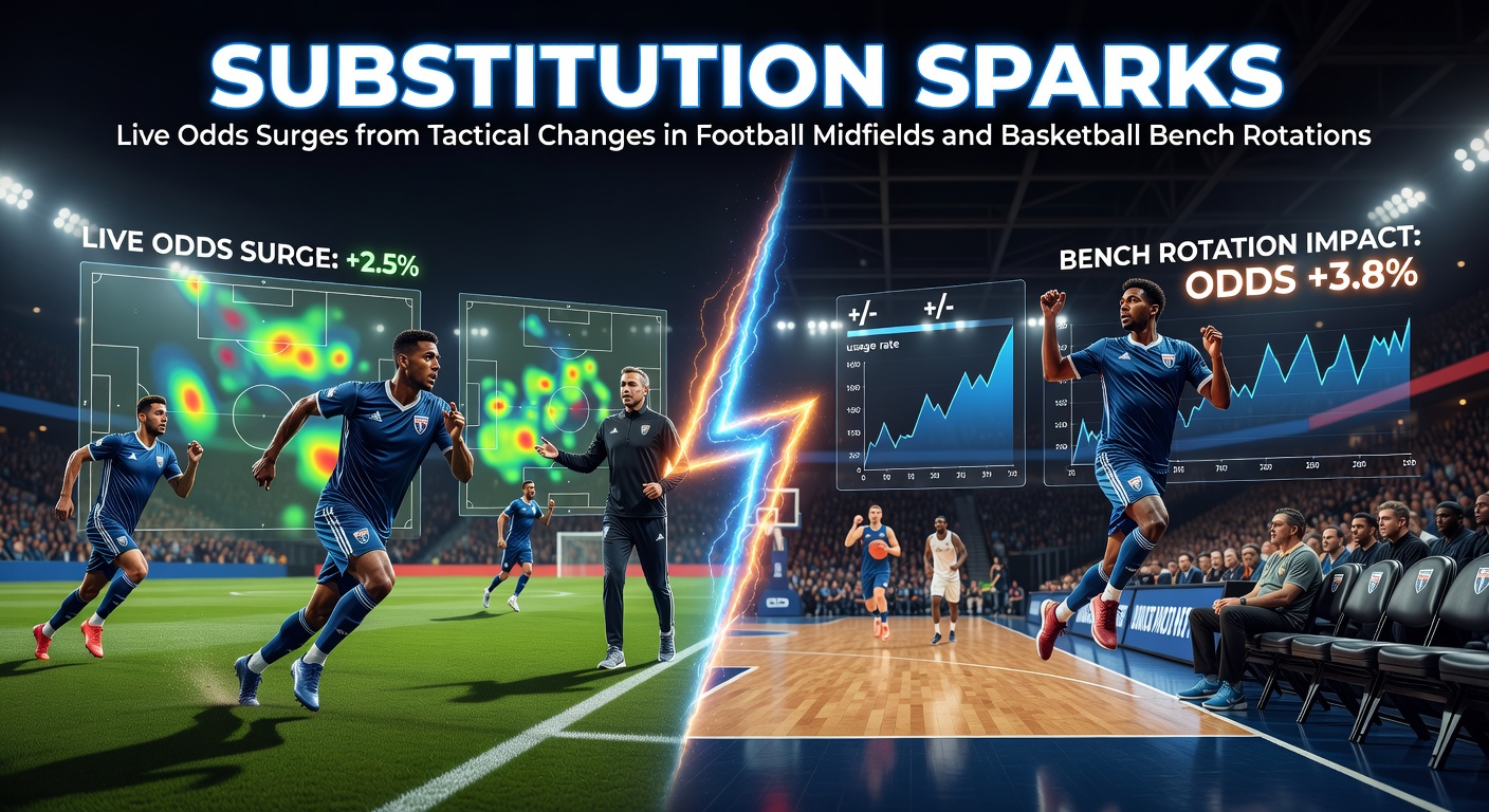 A football midfielder bursting forward after a tactical substitution, with live odds overlay showing sudden surges on betting interfaces