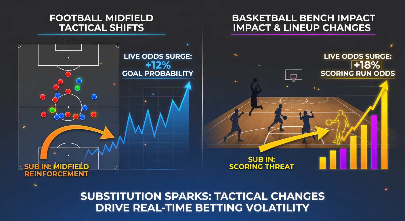 Basketball coach signaling a bench rotation during an NBA playoff game, overlaid with dynamic live odds graphs spiking on player entry