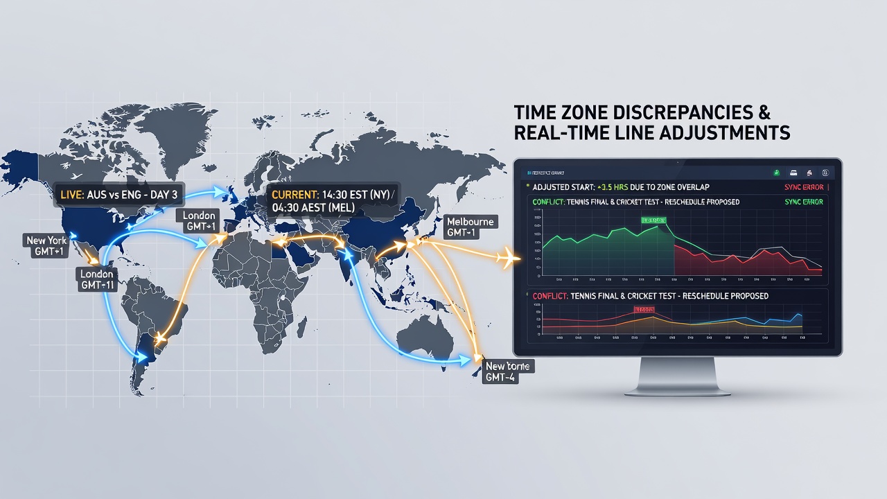 Global time zone map highlighting cricket tour venues in Asia and tennis grand slam locations in Europe during June overlaps
