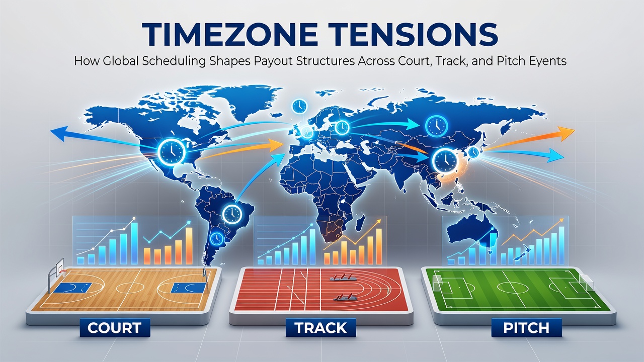 World map highlighting time zone differences for international sports events on court, track, and pitch