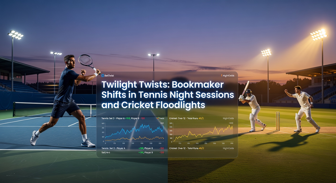 A tennis player serving under stadium floodlights during a night session match, with the crowd illuminated in the background