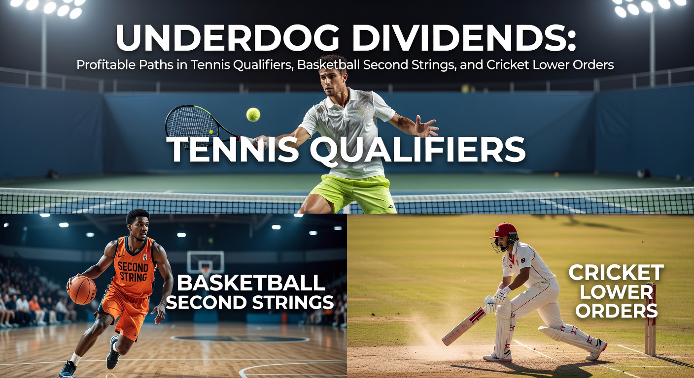 Tennis player in qualifiers serving intensely, with basketball bench and cricket batsman in lower order visible in split background