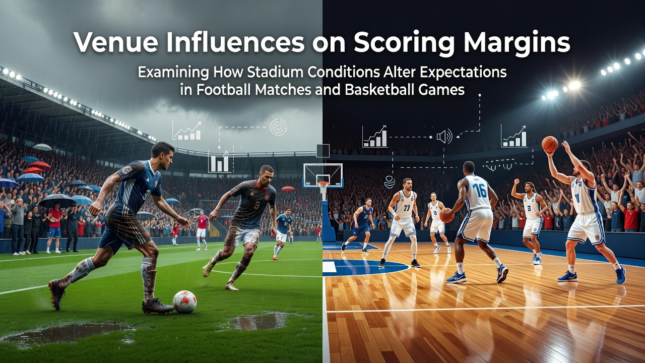 Football pitch and basketball arena showing stadium conditions that affect scoring margins