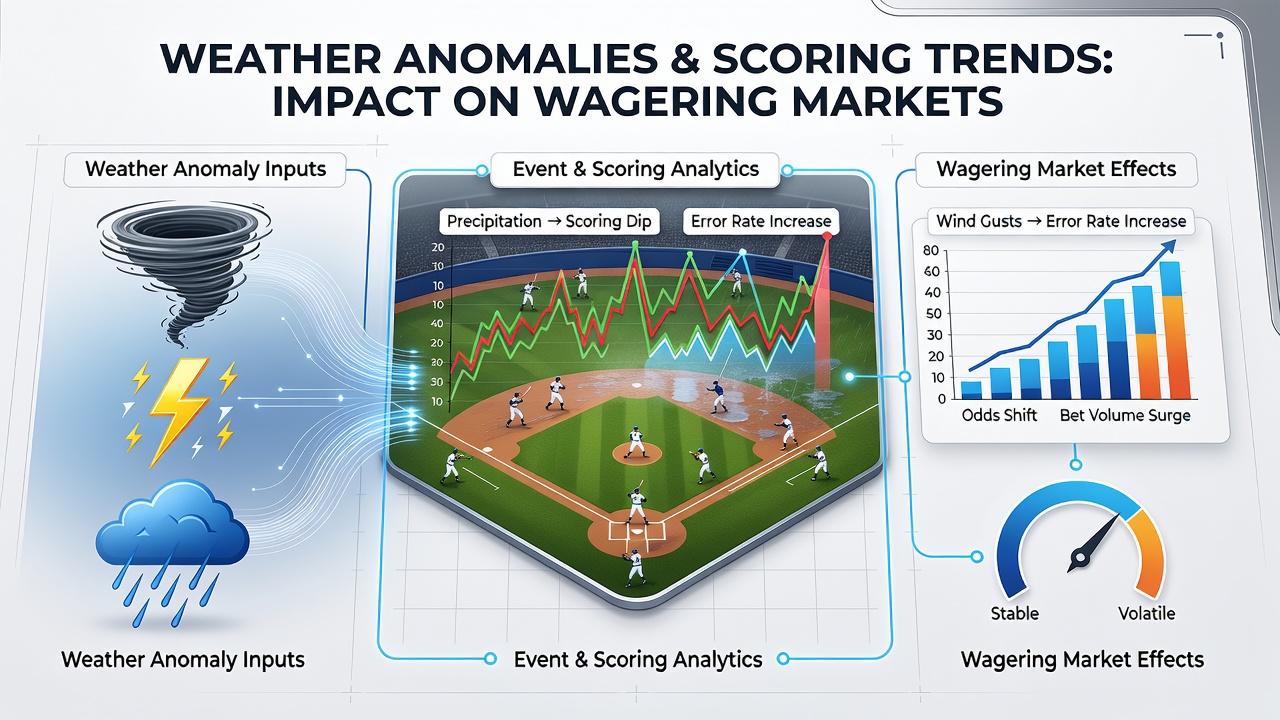 Weather anomaly data overlay on outdoor sports fields showing temperature and precipitation impacts