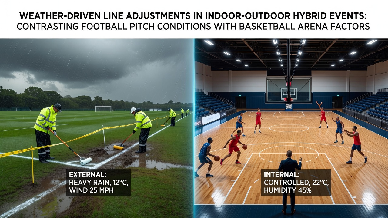 Football pitch under varying weather conditions next to controlled basketball arena environment