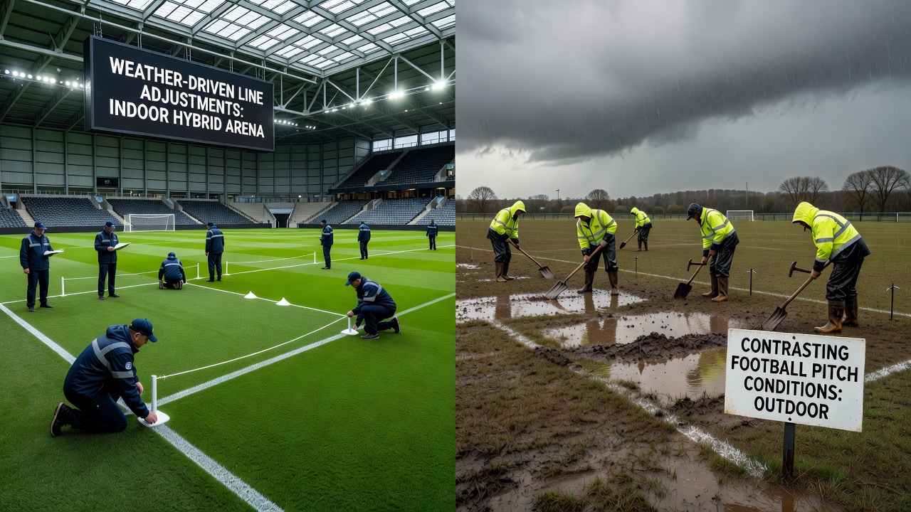 Bookmaker adjusting odds displays showing weather impacts on football contrasted with stable basketball arena metrics