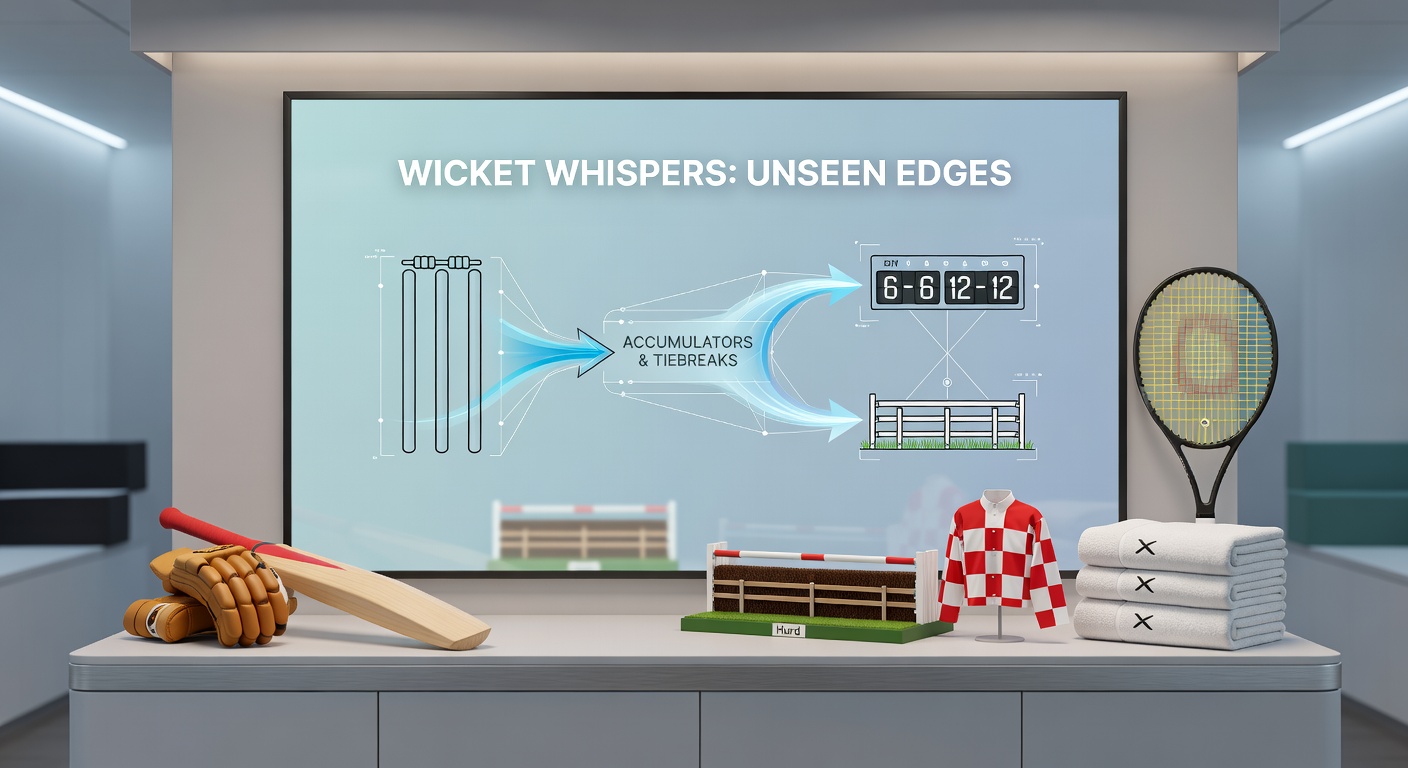 Horse clearing a hurdle in a tense race, with tennis player in tiebreak and cricket fielder in background, symbolizing interconnected betting edges